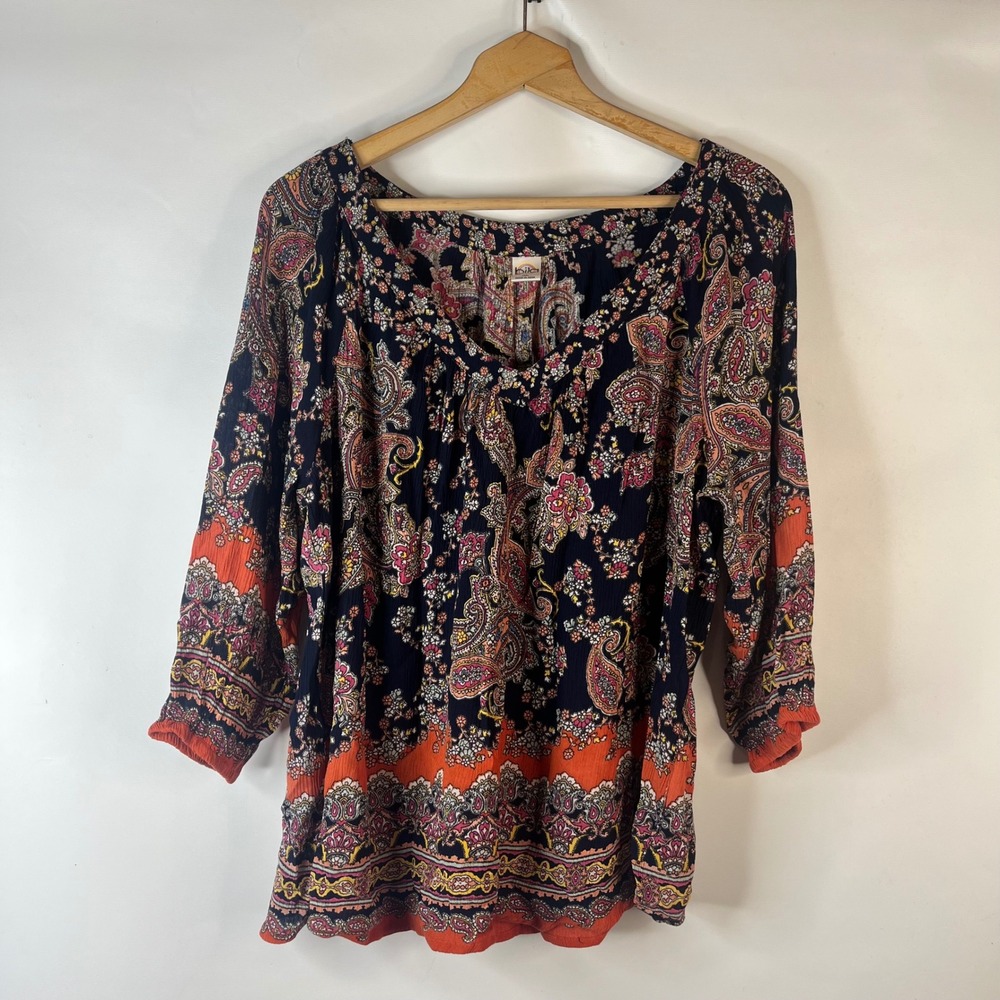 Bila Blouse Womens XL Navy Blue Paisley Boho 3/4 Sleeve Rayon Top